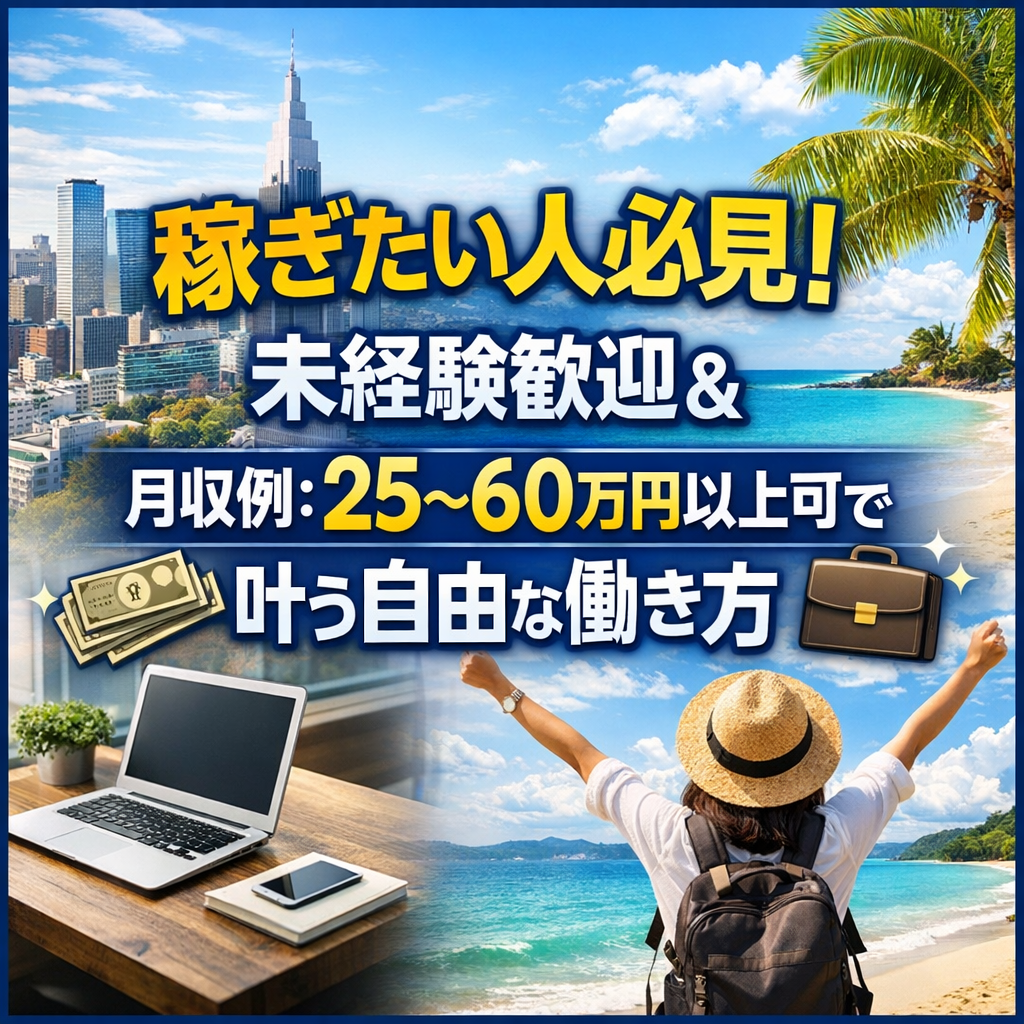 稼ぎたい人必見!未経験歓迎&月収例:25〜60万円以上可で叶う自由な働き方
